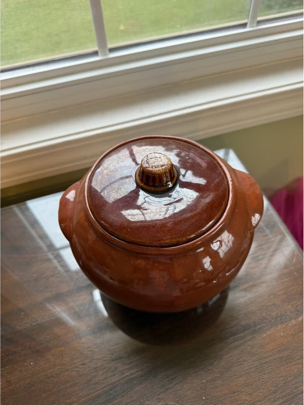 Vintage Brown Bean Pot Crock, stoneware Double Handle Lid